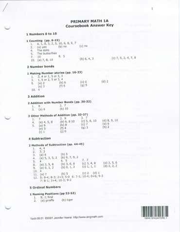 SM PRIMARY MATH 1 ANSWER KEY