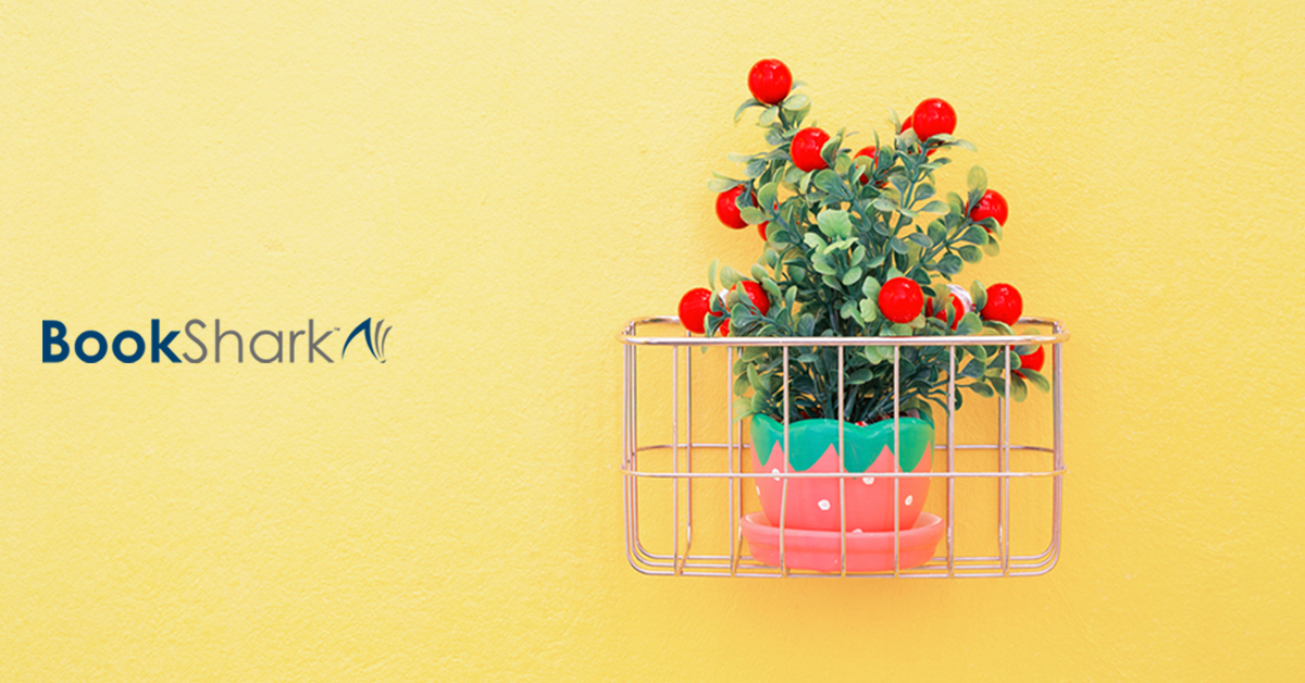 a plant with bright red balls is planted in a strawberry shaped planter against a yellow wall