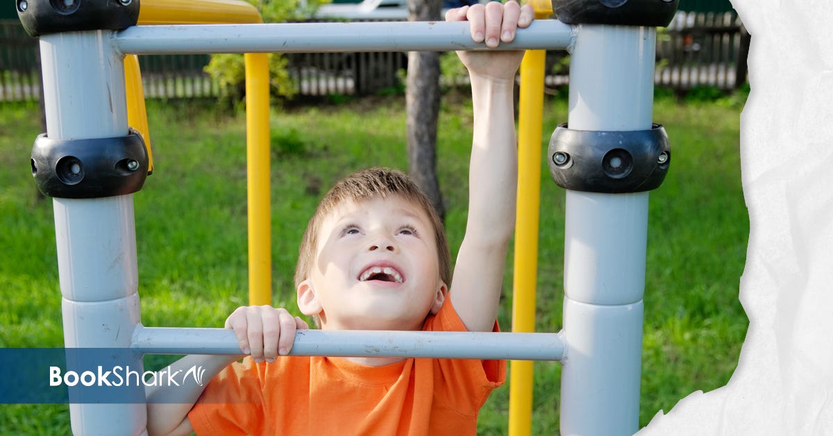 a boy climbs on playground equipment