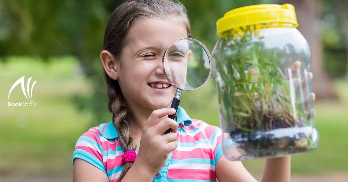 a girl looks at a terrarium with a magnifying glass